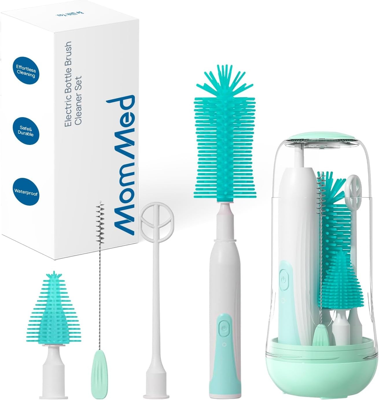 MomMed Electric Bottle Brush, Electric Baby Bottle Brush Set with Silicone Bottle/Pacifier/Straw Brush and Mixing Head, Waterproof Bottle Cleaner Brush with Drying Rack, 2 Modes & 360° Rotation